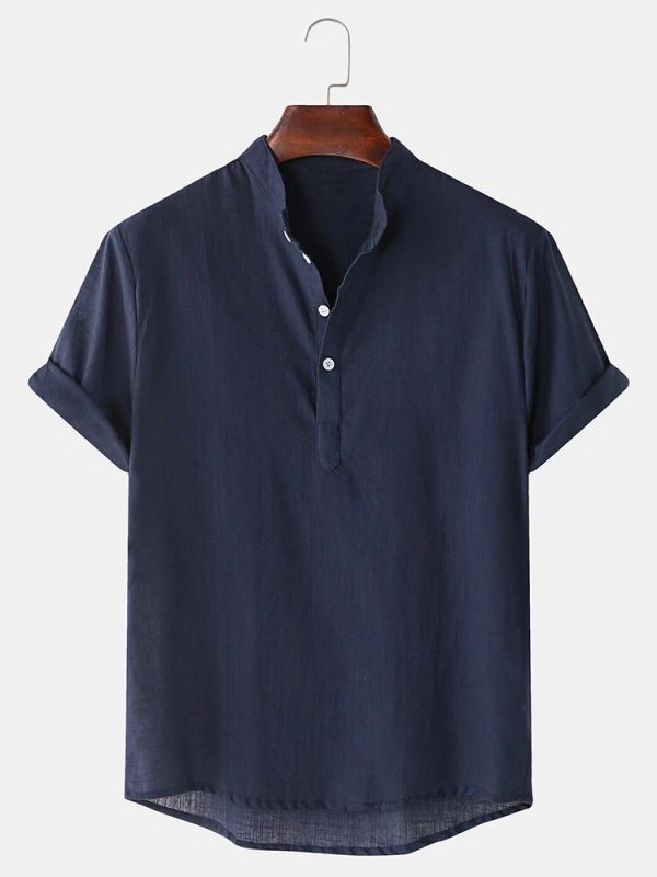 Mens Breathable Flax Stand Collar Short Sleeve Solid Henley - ootdmw.com