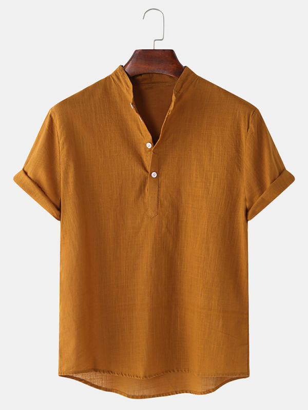 Mens Breathable Flax Stand Collar Short Sleeve Solid Henley - ootdmw.com