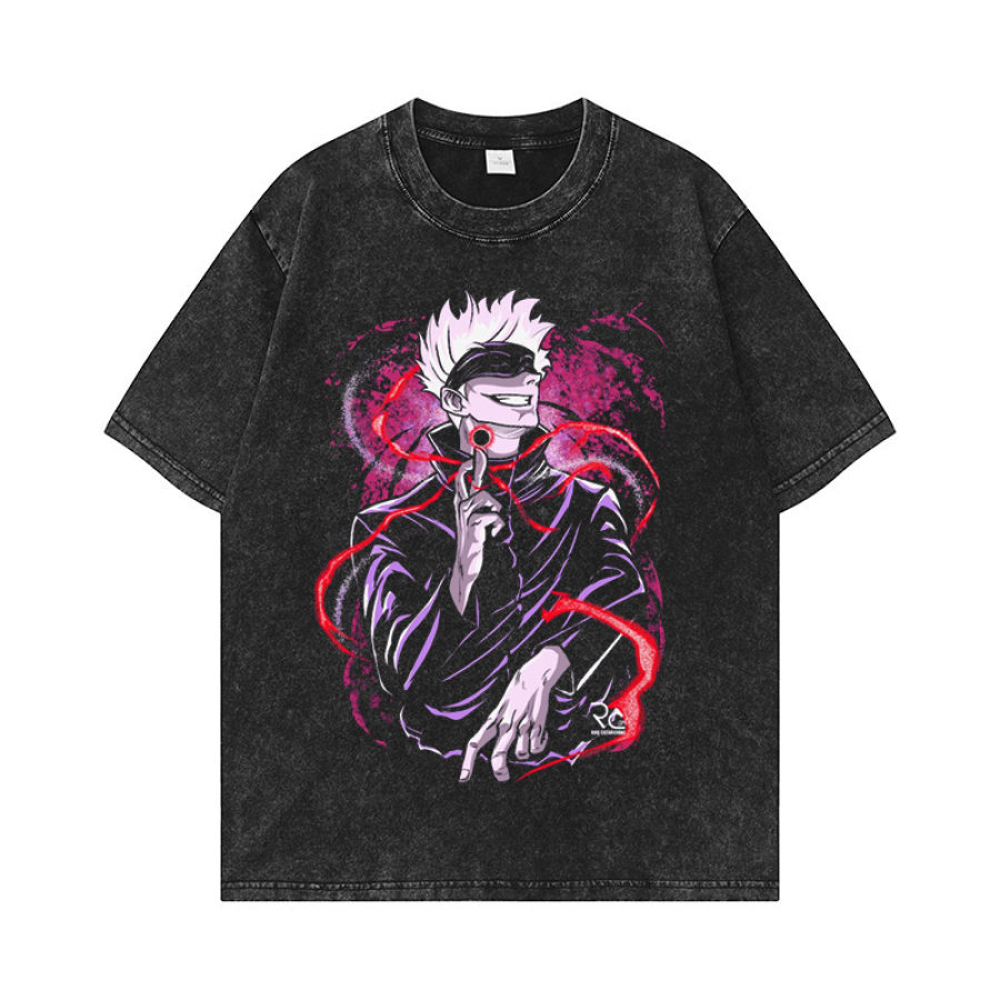 

Anime Print Loose T-shirt Men's Cotton Washed Distressed T-shirt