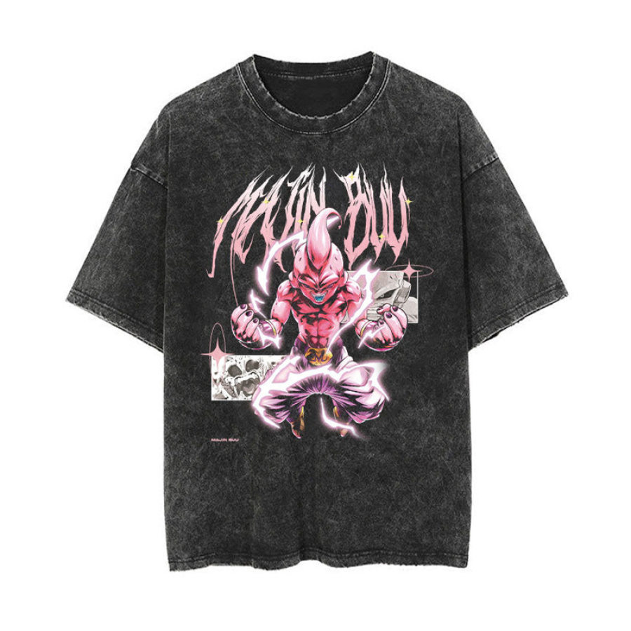

Anime Print Loose T-shirt Men's Cotton Washed Distressed T-shirt