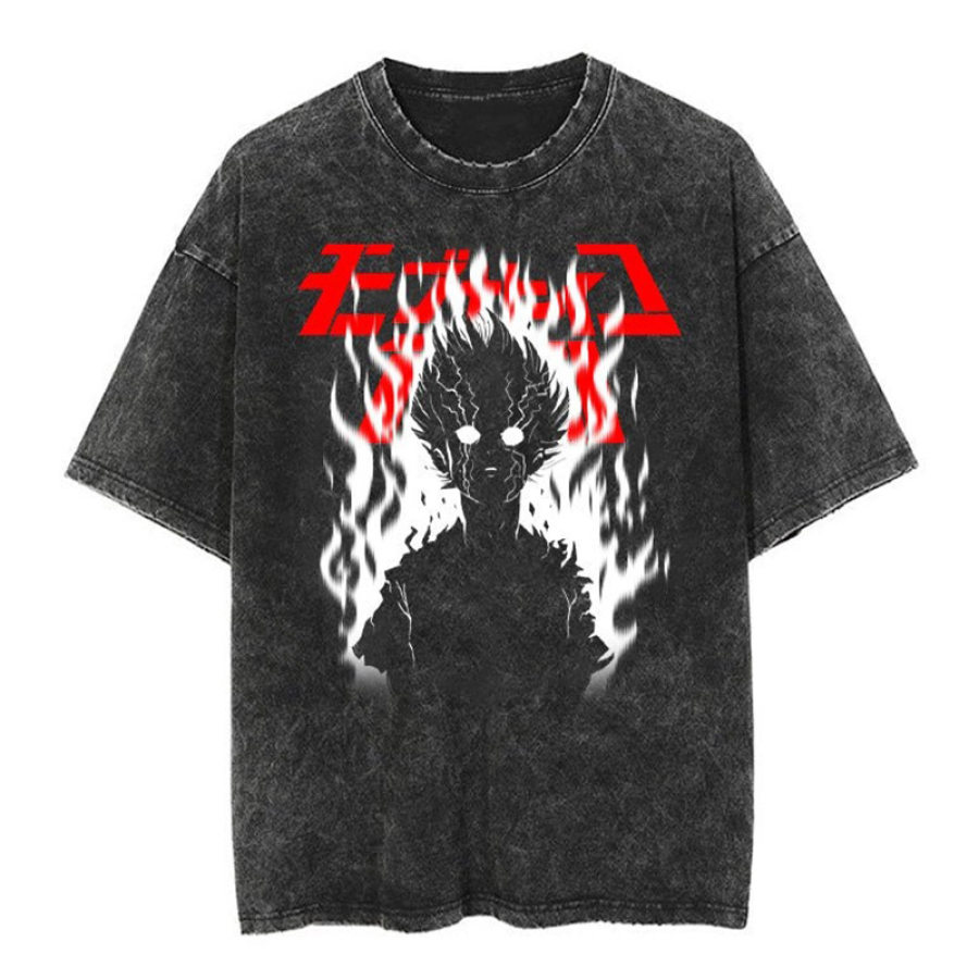 

Mob Psycho 100 Bedrucktes Loses T-Shirt Herren-T-Shirt Aus Gewaschener Distressed-Baumwolle