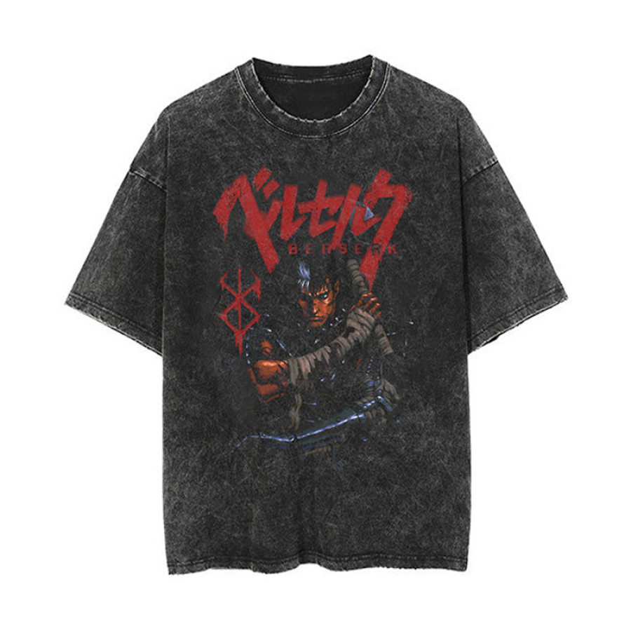 

Anime Print Loose T-shirt Men's Cotton Washed Distressed T-shirt