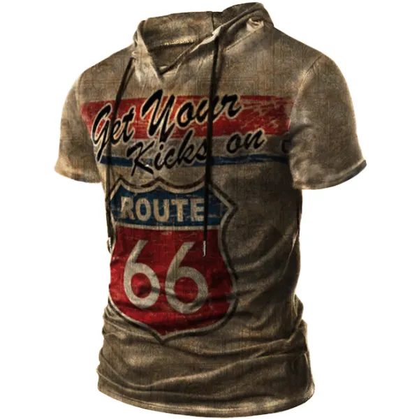 Mens Retro Route 66 Print Hooded T-Shirt - Nikiluwa.com 