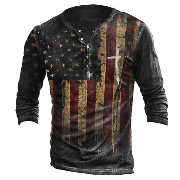Mens American Flag Retro Henley Long Sleeve T-shirt