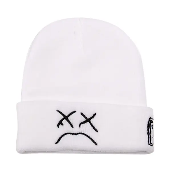 Embroidered Knitted Hat With Sad Face Expression - Senttea.chimpone.com 