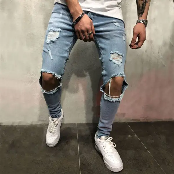 Jeans Décontractés à La Mode Pour Hommes Déchirés Coupe Slim TT230 - Paleonice.com 