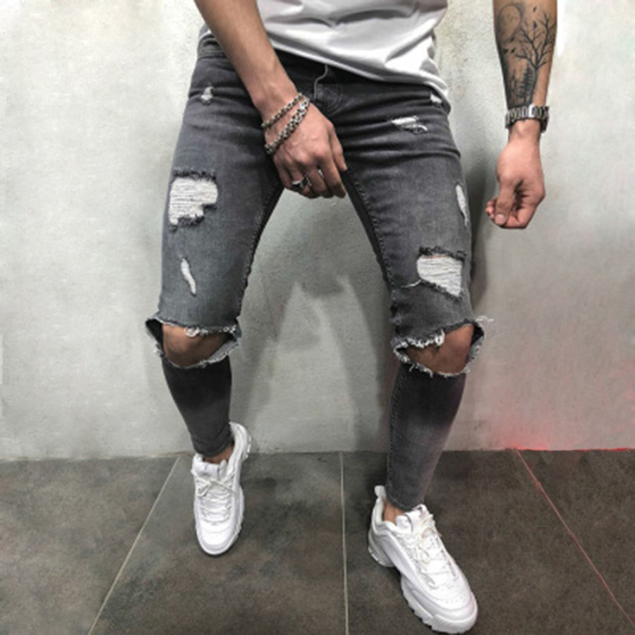 

Men's Street Solid Color Ripped Denim Trousers