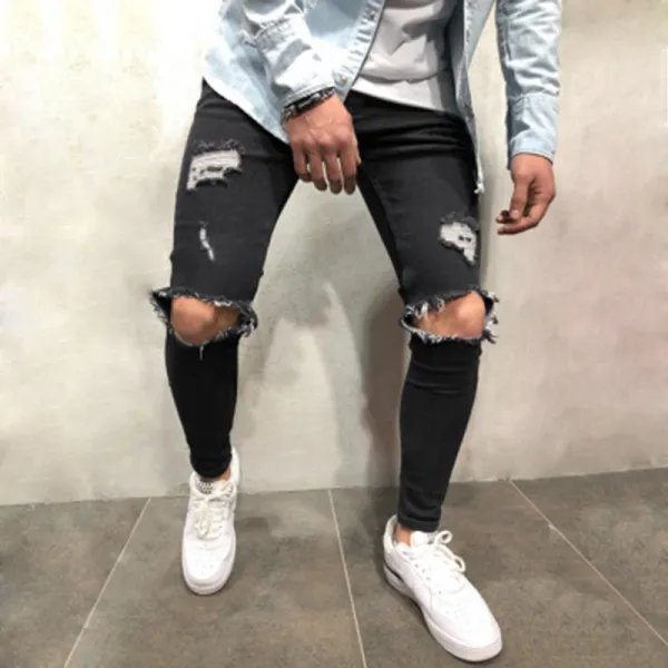 Men's Street Solid Color Ripped Denim Trousers - Chrisitina.com 