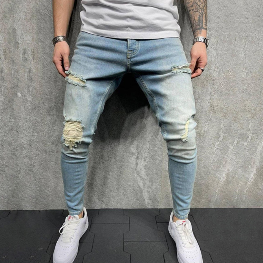 Mens Slim Feet Scratched Denim Trousers