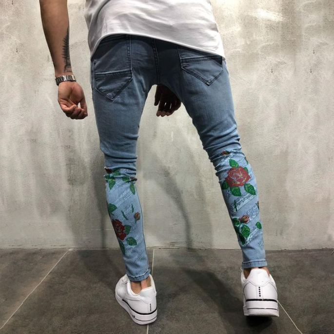 Fashion Slim Fit Embroidered Ripped Jeans
