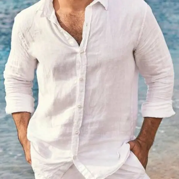 Mens Cotton And Linen Button Solid Color Shirt - Menilyshop.com 