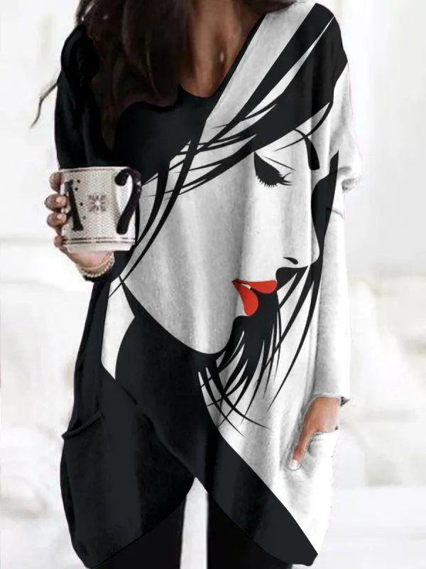 Women's Casual Style V-neck Long-sleeved Pullover Abstract Printing Long Top - Funluc.com 