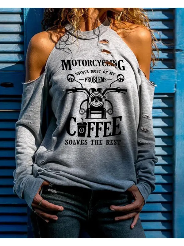 Camiseta Con Hombros Descubiertos Y Motocicleta Retro Para Mujer - Funluc.com 