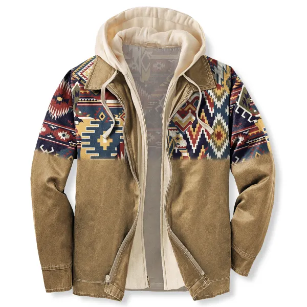 Men's Autumn & Winter Outdoor Casual Retro Ethnic Style Colorblock Print Hooded Jacket - Mosaicnew.com 