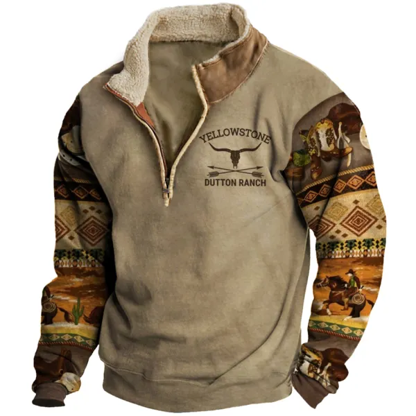 Men's Vintage Western Yellowstone Colorblock Zipper Stand Collar Sweatshirt - Sanhive.com 