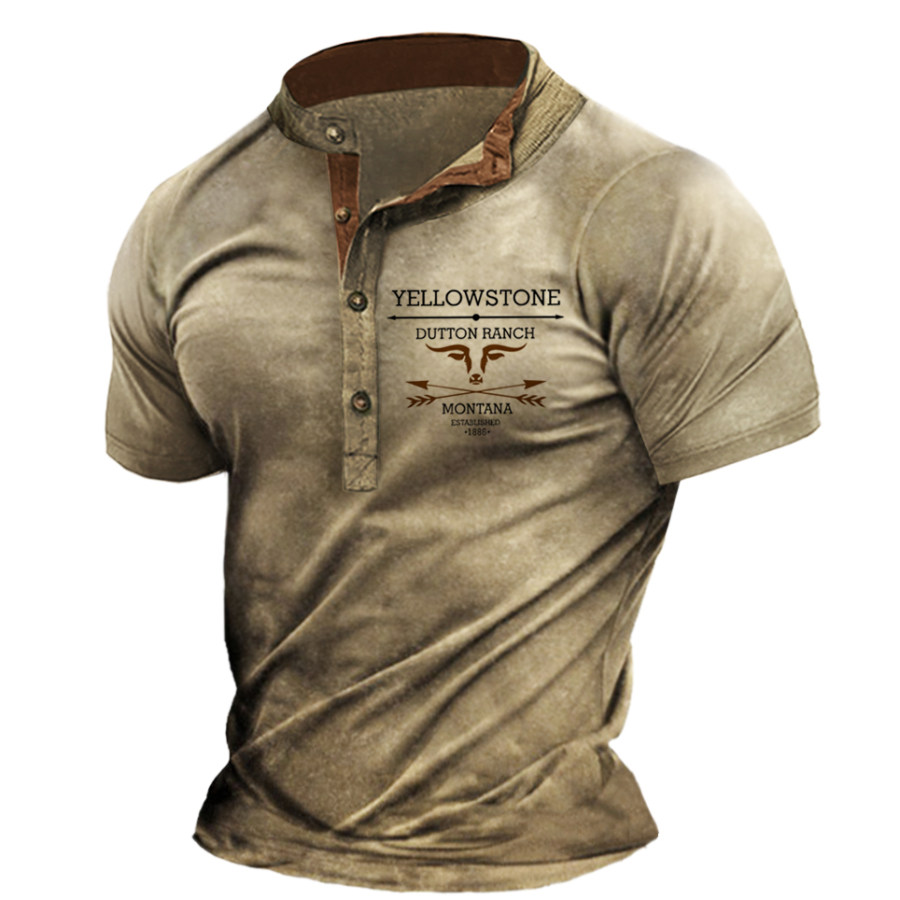 

Men's Vintage Western Yellowstone Henley Collar Short Sleeve T-Shirt