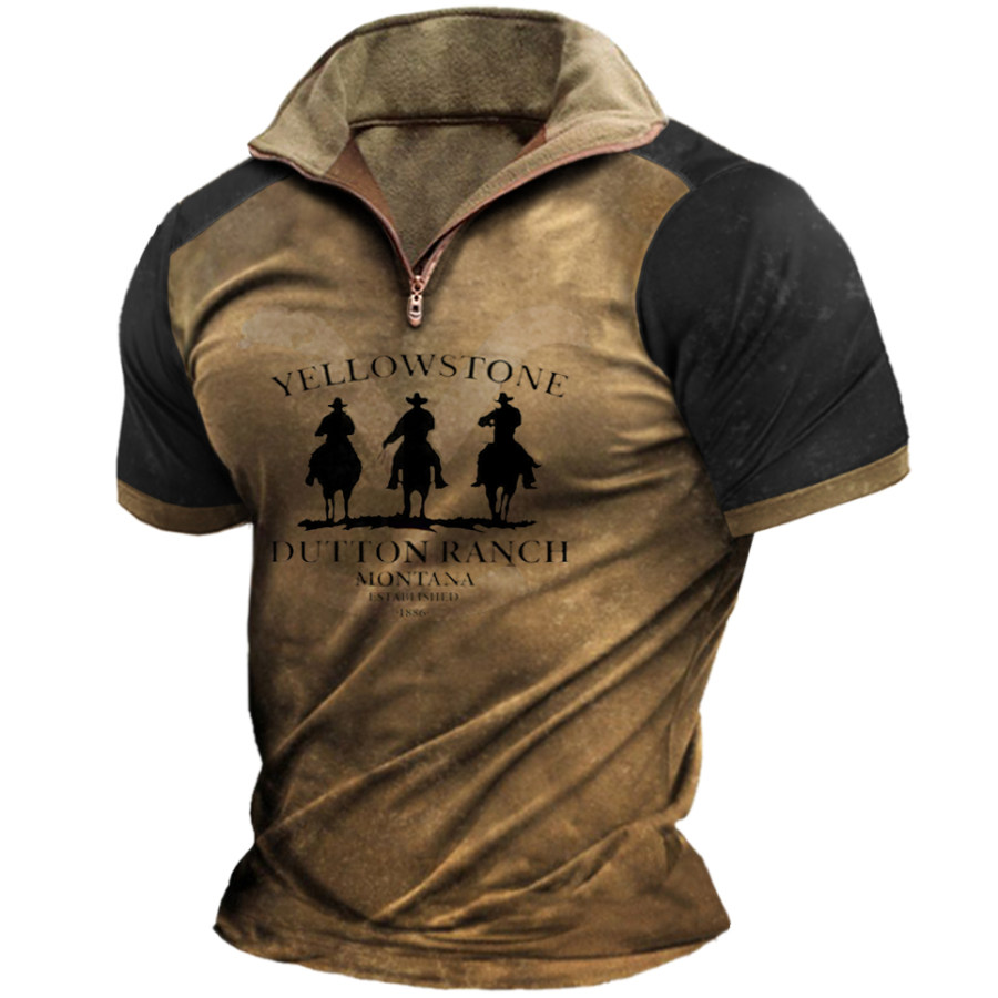 

Men's Vintage Western Yellowstone Contrast Zipper Lapel Short Sleeve T-Shirt
