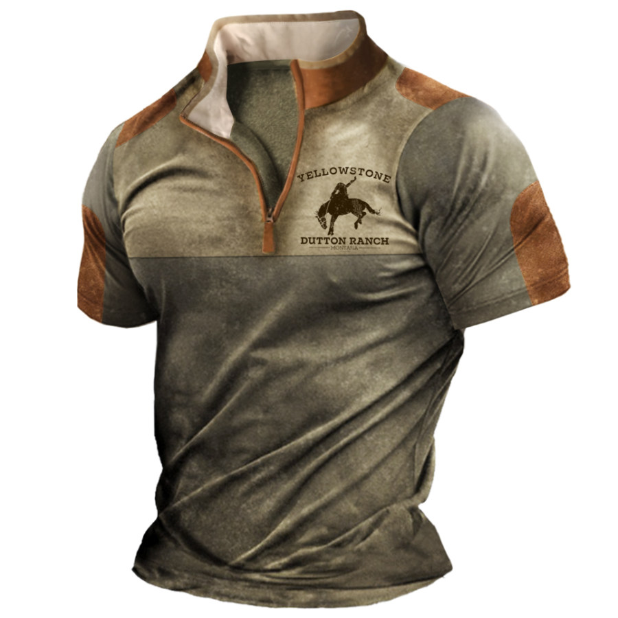 

Men's Vintage West Yellowstone Colorblock Zipper Stand Collar Short Sleeve T-Shirt