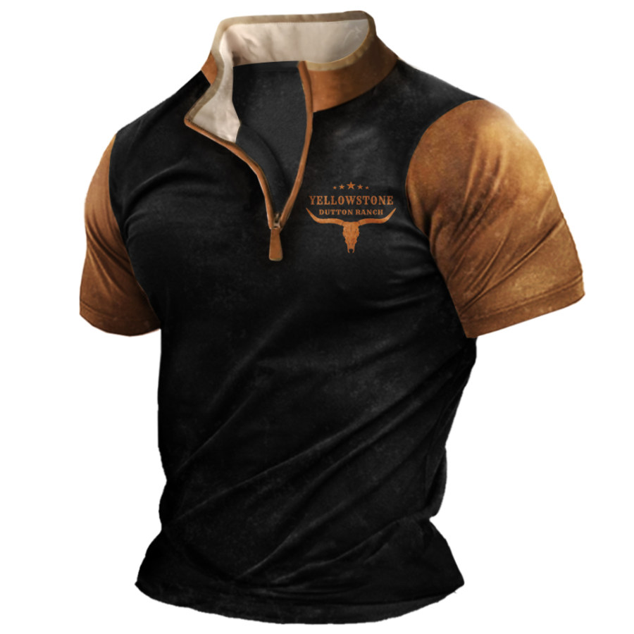 

Men's Vintage West Yellowstone Zipper Stand Collar Color Contrast Short Sleeve T-Shirt