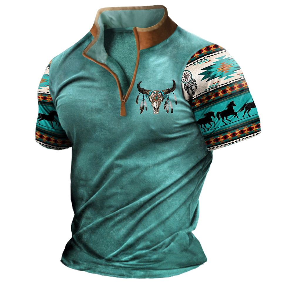 Men's Vintage Western Yellowstone Chic Colorblock Zipper Stand Collar Short Sleeve T-shirt