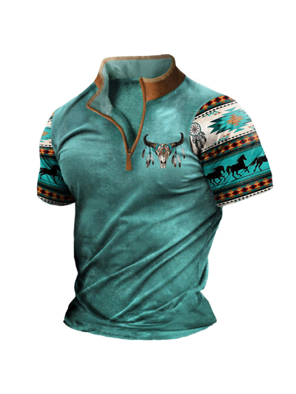Men's Vintage Western Yellowstone Colorblock Zipper Stand Collar Short Sleeve T-Shirt