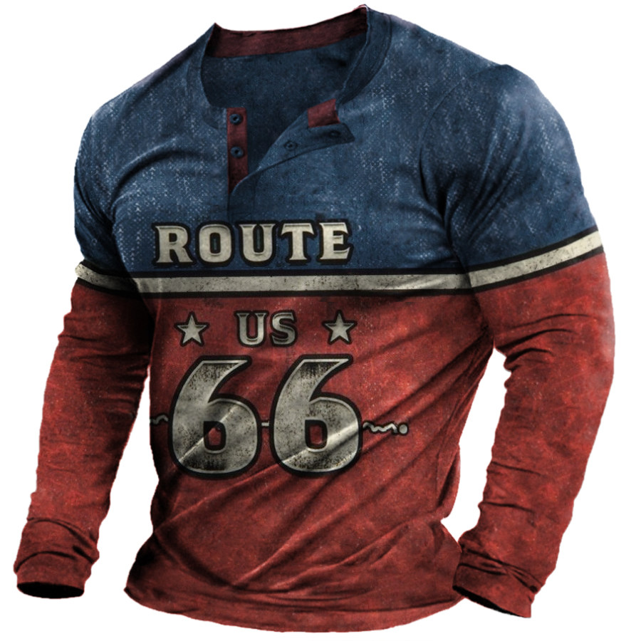 

Men's Outdoor Vintage Route 66 Print Henley Collar Color Block Long Sleeve Pullover T-Shirt