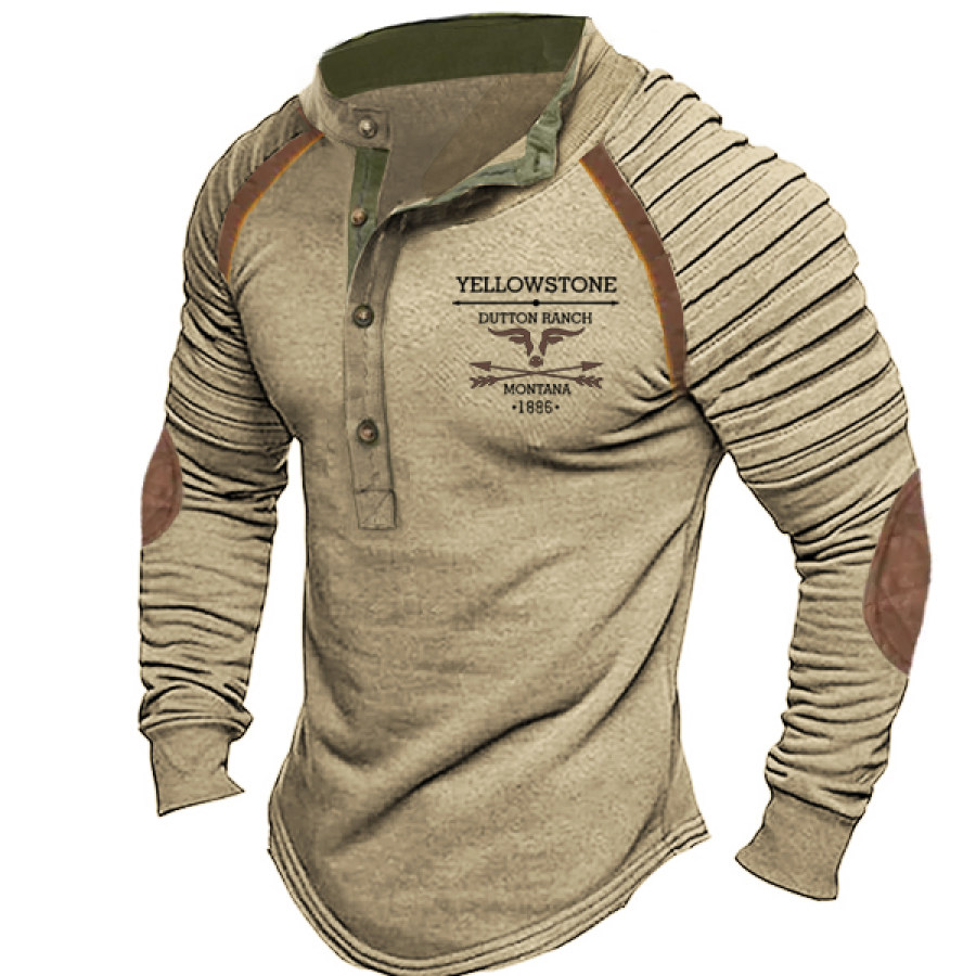 

Plus Size Men's Yellowstone Vintage Western Elbow Patch Henley Stand Collar Long Sleeve T-Shirt