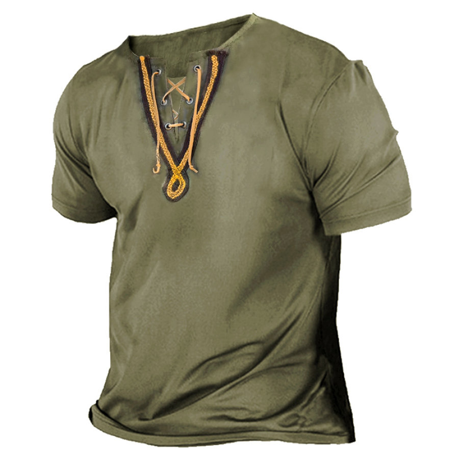 

Men's Retro Colorblock Ribbon Lace-Up Casual T-Shirt