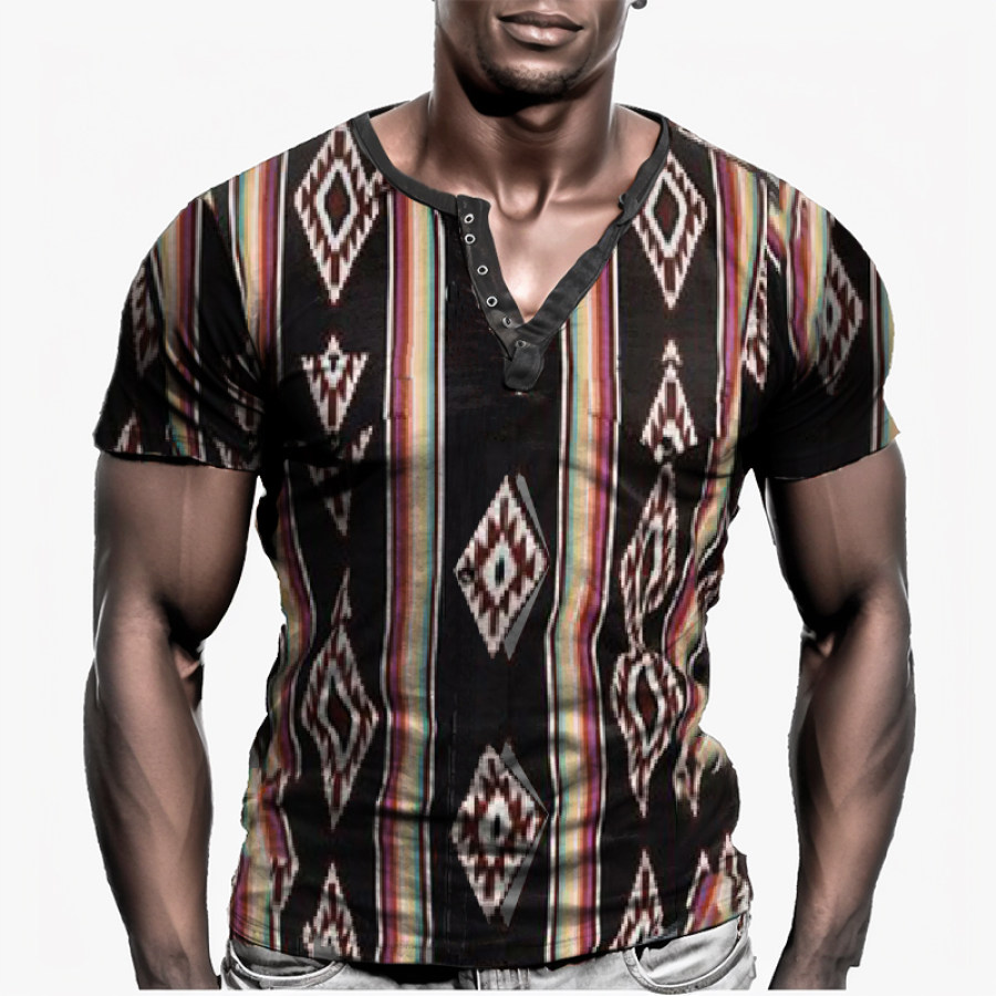 

Men's TMen's Vintage Ethnic Henley Collar T-Shirt