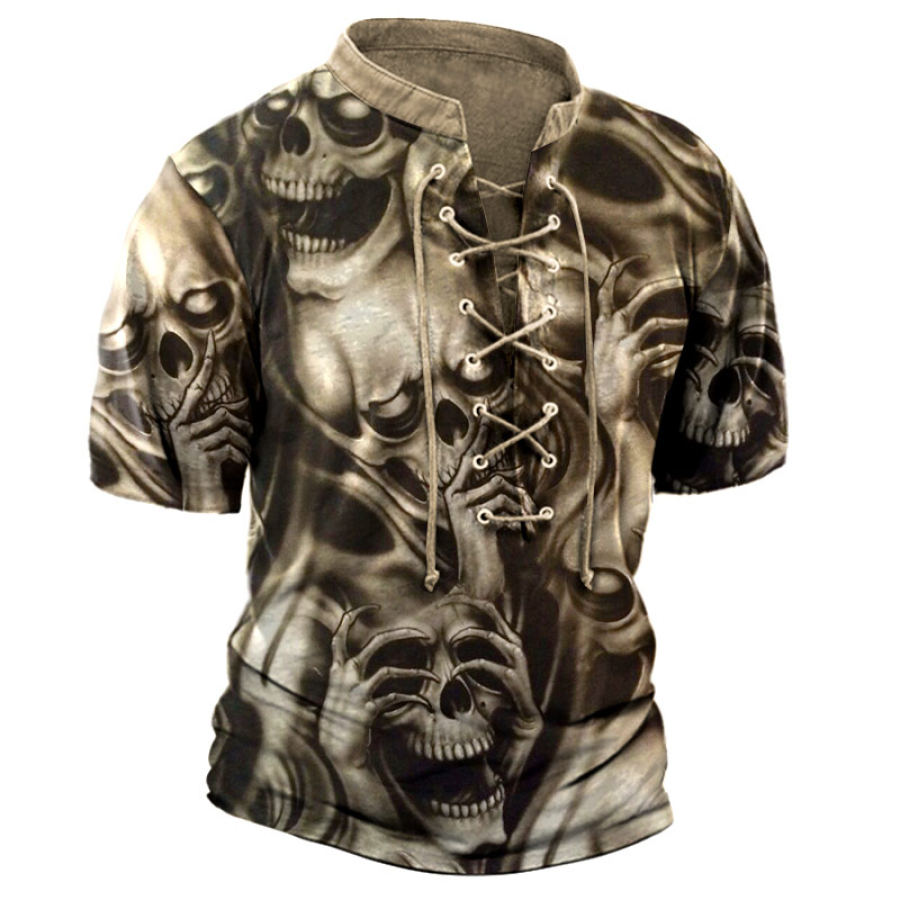 

Men's Vintage Skull Print Lace-Up T-Shirt