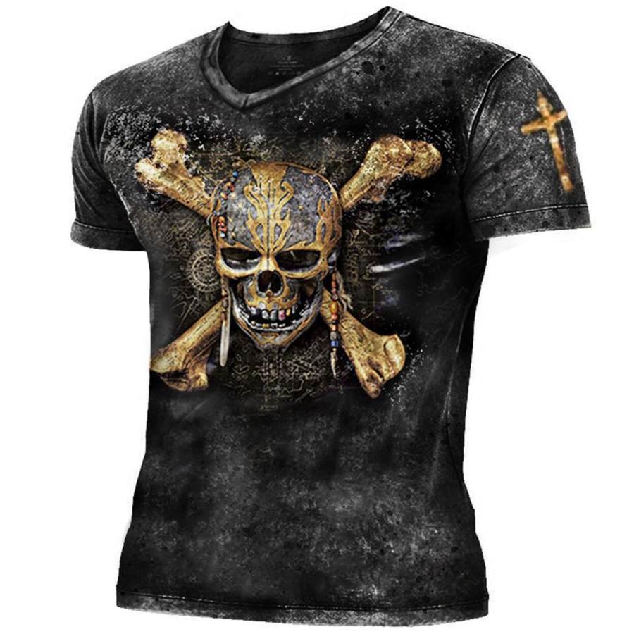 

Men's Vintage Pirate Skull Print V-neck T-Shirt