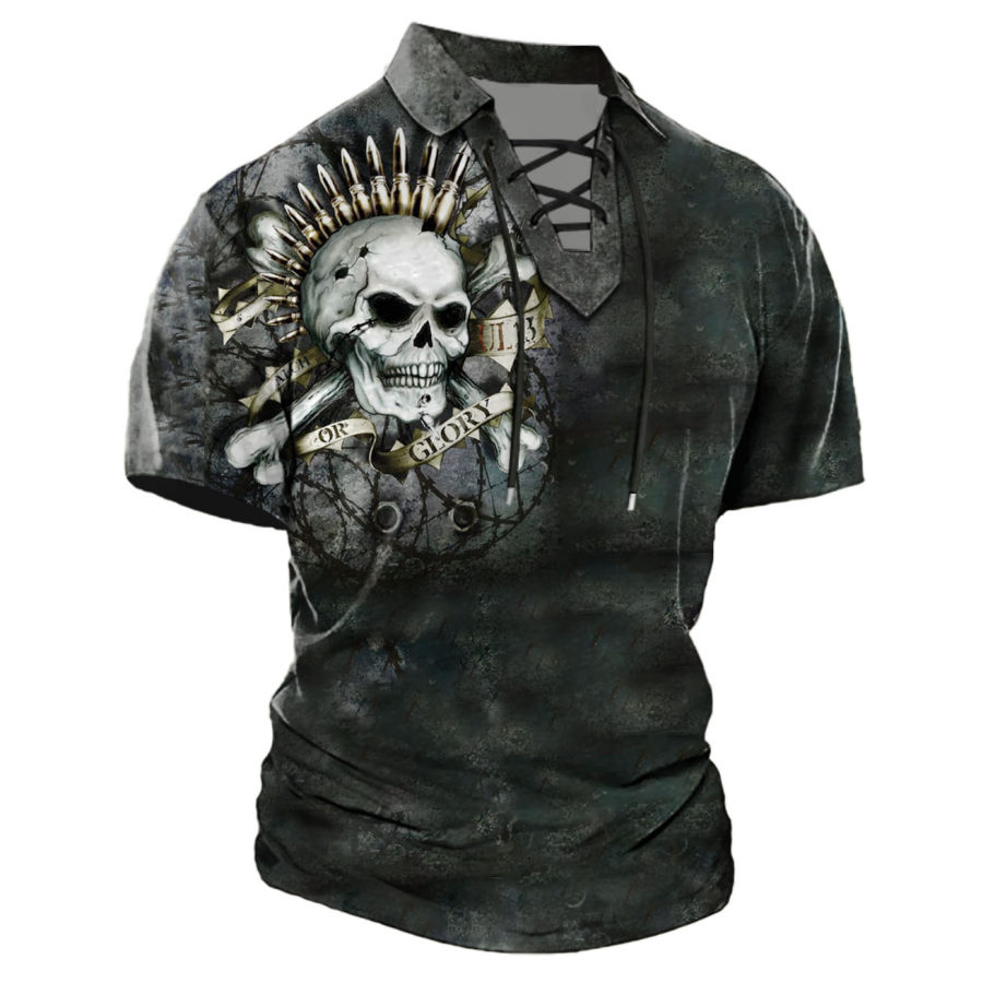 

Men's Vintage Skull Glory Lace-Up Lapel T-Shirt