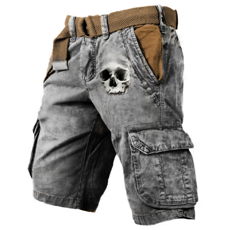 

Men's Vintage Art Skull Print Multi-Pocket Tactical Shorts