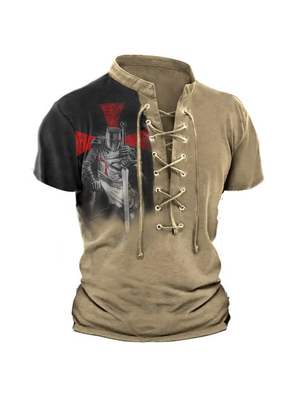 Men's Vintage Templar Print Drawstring Short Sleeve T-Shirt