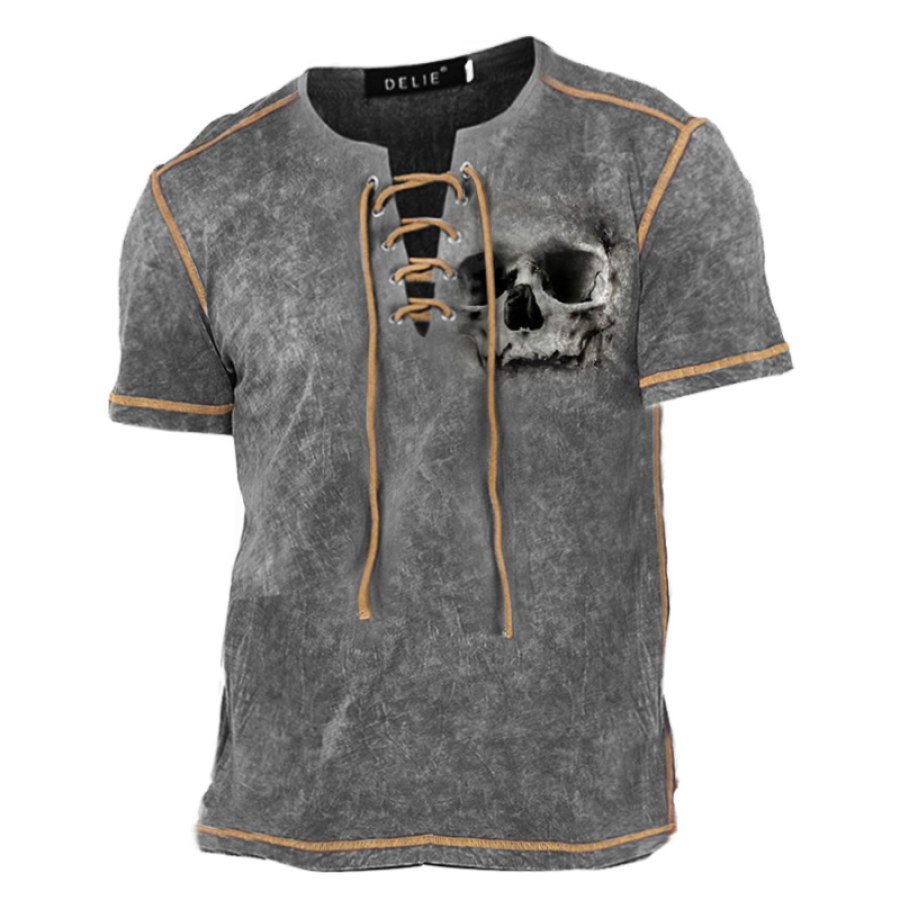 

Men's Vintage Art Skull Print Drawstring Short Sleeve T-Shirt