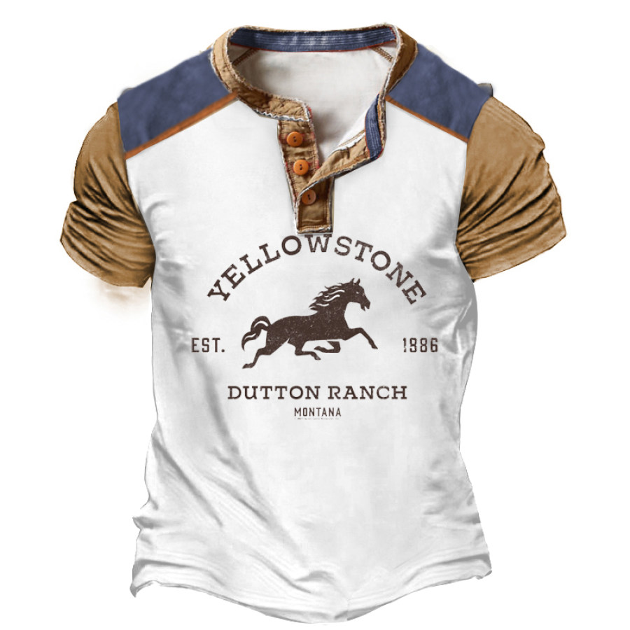 

Men's Vintage Yellowstone Colorblock Henley Short Sleeve T-Shirt