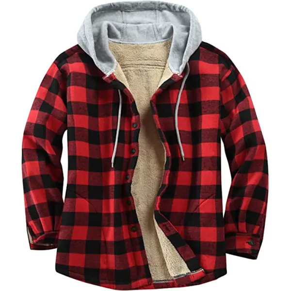 Check Textured Fleece Men's Casual Hooded Jacket - Faciway.com 