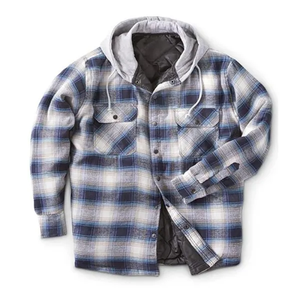 Men's Plaid Brushed And Fleece Padded Hooded Cardigan Jacket - Paleonice.com 
