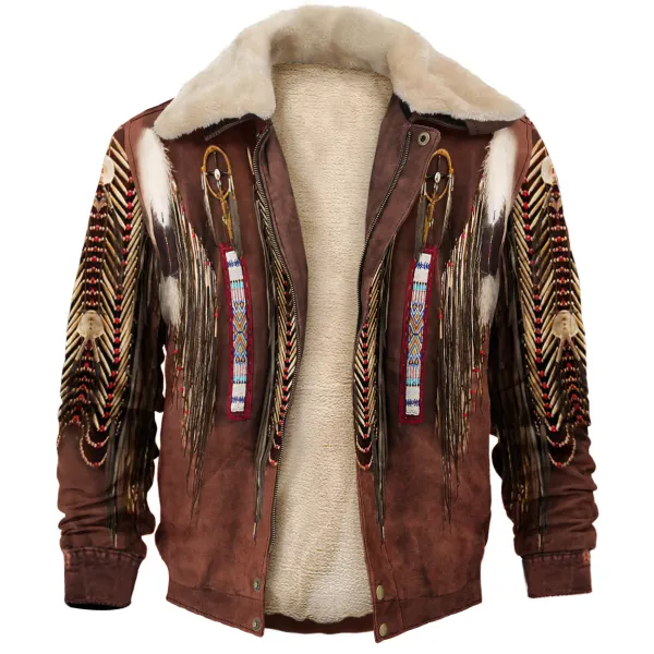 Retro American Western Ffeather Fringed Denim Jacket Print Unisex Deluxe Outerwear - Faciway.com 