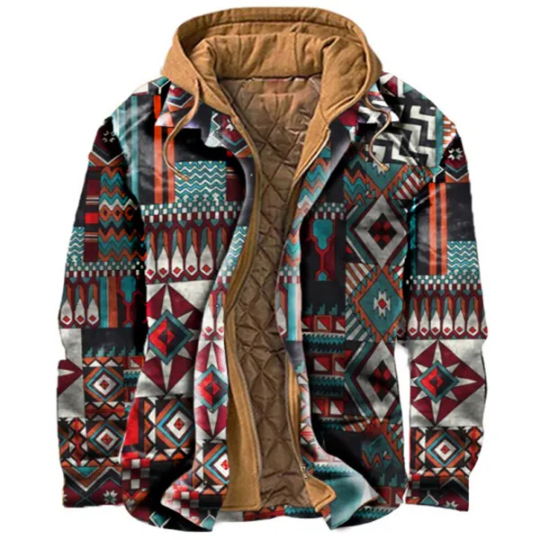 Men's Vintage Ethnic Print Thermal Hooded Casual Jacket - Paleonice.com 