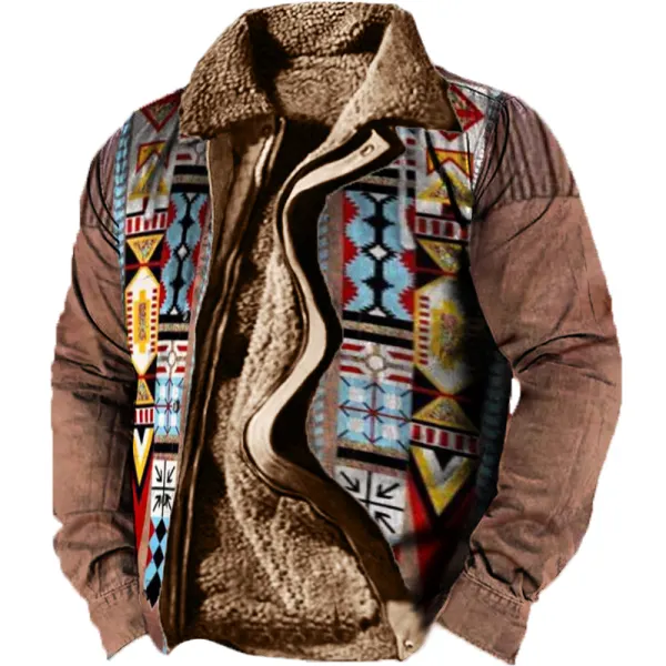 Мужская флисовая куртка с длинным рукавом в стиле ретро с этническим рисунком - Paleonice.com 