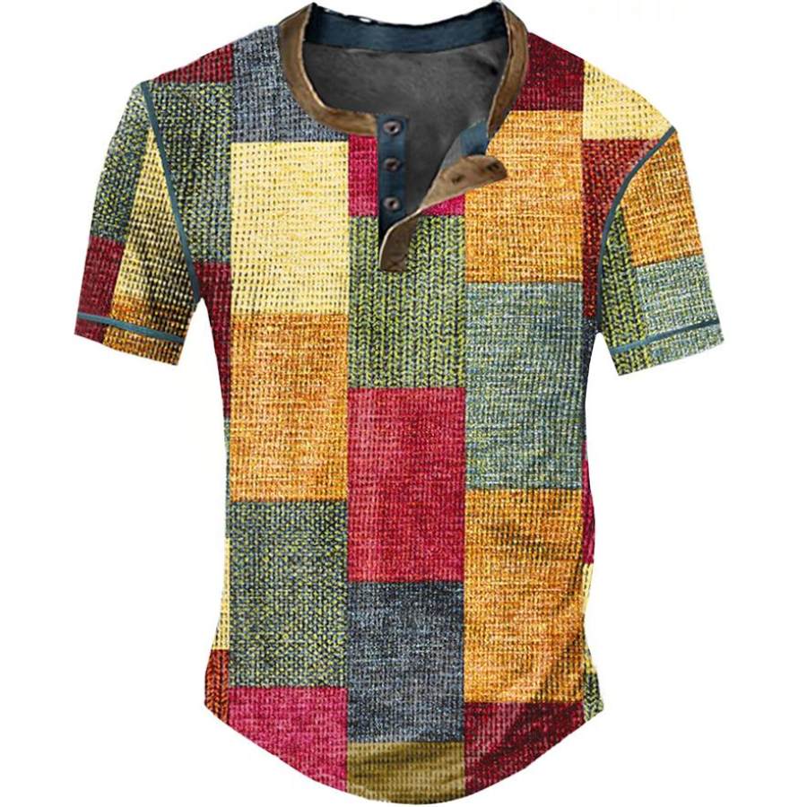 

Men's Henley T-Shirt Short Sleeve Vintage Color Block Summer Daily Tops Color