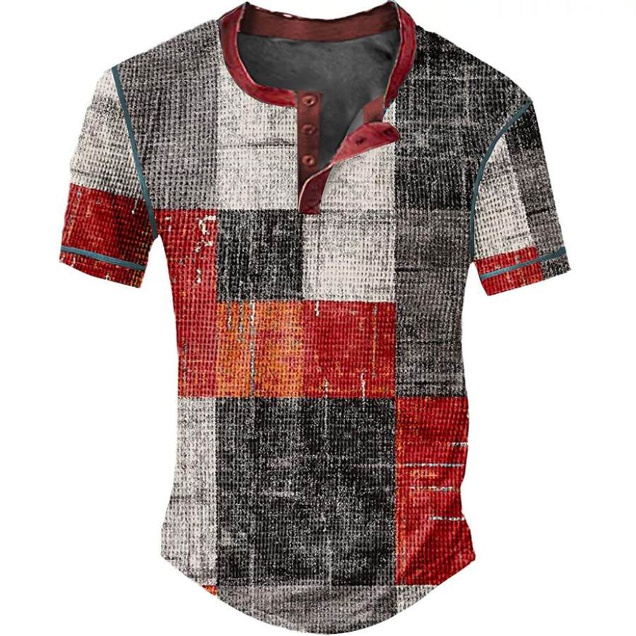 

Men's Henley T-Shirt Short Sleeve Vintage Color Block Summer Daily Tops Red