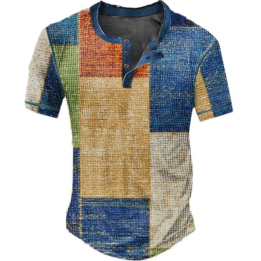 

Men's Henley T-Shirt Short Sleeve Vintage Color Block Summer Daily Tops Blue