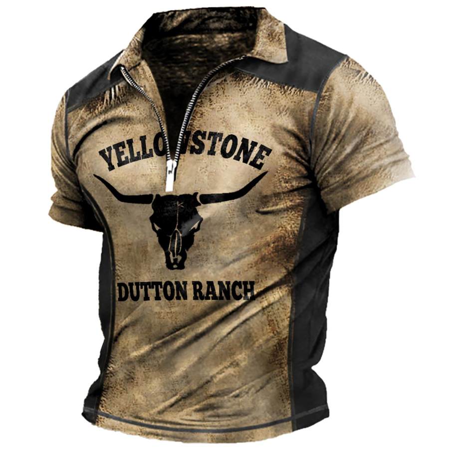 

Men's T-Shirt Vintage Polo Zipper Western Yellowstone Skull Bull Print Summer Daily Tops Short Sleeve Colorblock Khaki