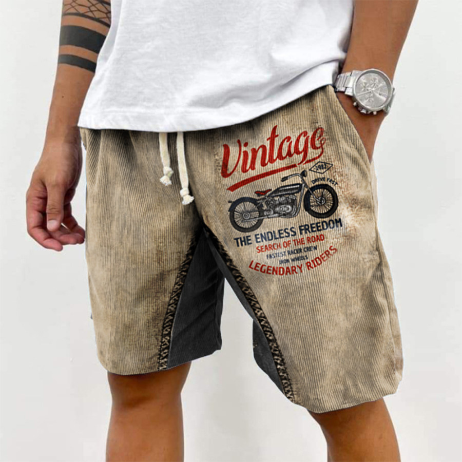 

Men's Vintage Motorcycle Print Corduroy Casual Shorts