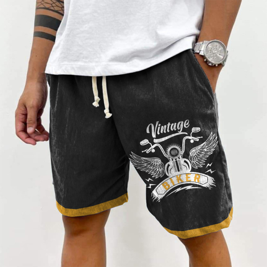 

Men's Vintage Motorcycle Print Corduroy Casual Shorts