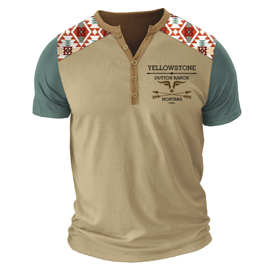 

Men's Henley T-Shirt Western Vintage Yellowstone Aztec Short Sleeve Colorblock Summer Daily Tops