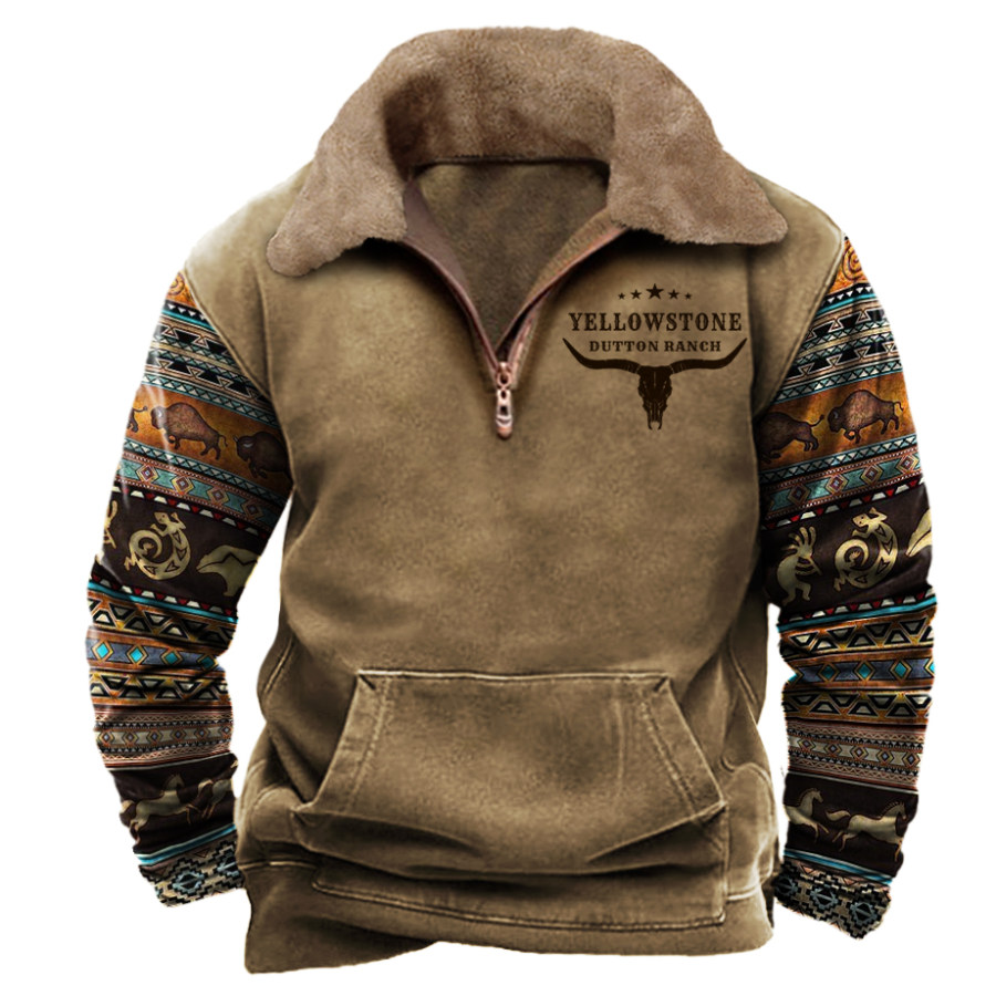 

Sudadera Con Cuello De Piel Y Media Cremallera Con Estampado Vintage West Cowboy Para Hombre