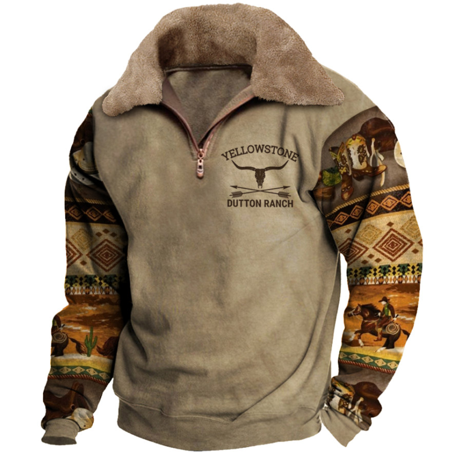 

Sudadera Con Cuello De Piel Y Media Cremallera Con Estampado Vintage West Cowboy Para Hombre